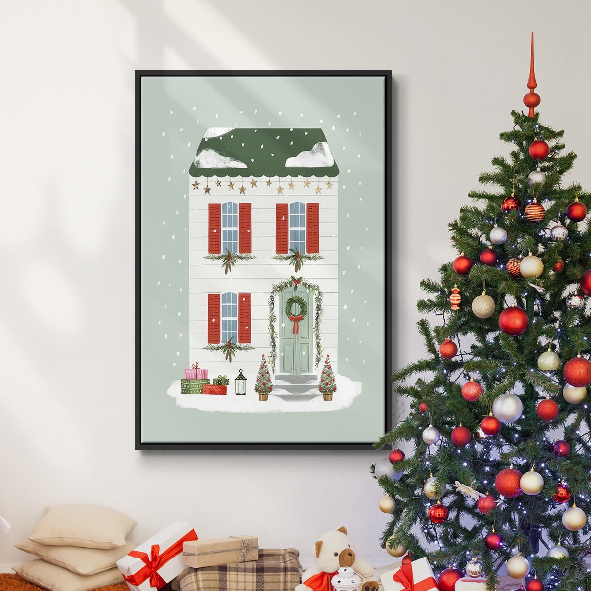 Festive Front Door IV - Framed Gallery Wrapped Holiday Canvas - 17 x 25 - Black Frame