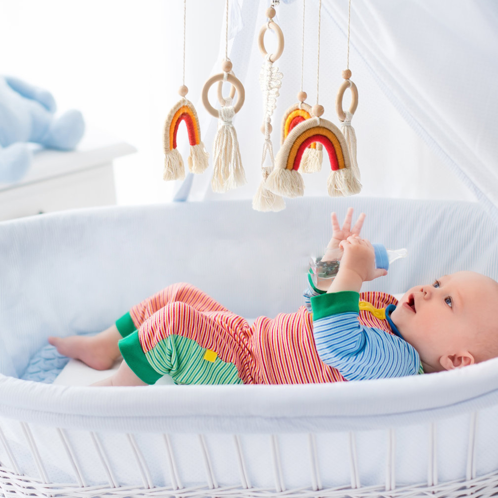 Rainbow Crib Bell – Baby Bed Hanging Wind Chime with Tassels & Wooden Rings, Rotating Swaying Bell for Newborn, Infant Sensory & Nursery Room Decoration