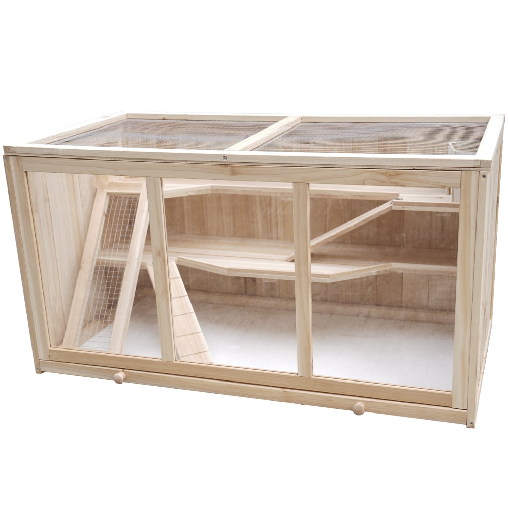Large Wooden Hamster Cage with Acrylic Windows – Multi-Level Small Pet Habitat with Deep Tray, Ventilated Hutch for Syrian Dwarf Hamsters, Rabbits, Guinea Pigs, Chinchillas, Natural Wood