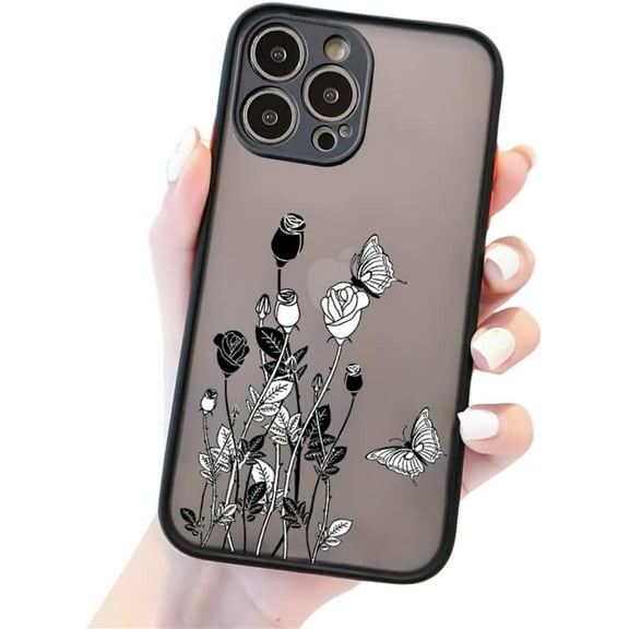 Flower Pattern Designed for iPhone 13 Pro Max Case for Women , Black Butterfly Rose Flowers Translucent Frosted Camera Lens Protective Case Silicone Bumper Shockproof Cover for iPhone 13 Pro Max