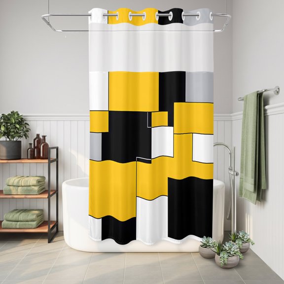 No Hook Shower Curtain Abstract Yellow Black Geometric Waterproof Fabric Shower Curtain Retro Hotel Style Bathroom Curtain with See Through Top Window Machine Washable 36x72in