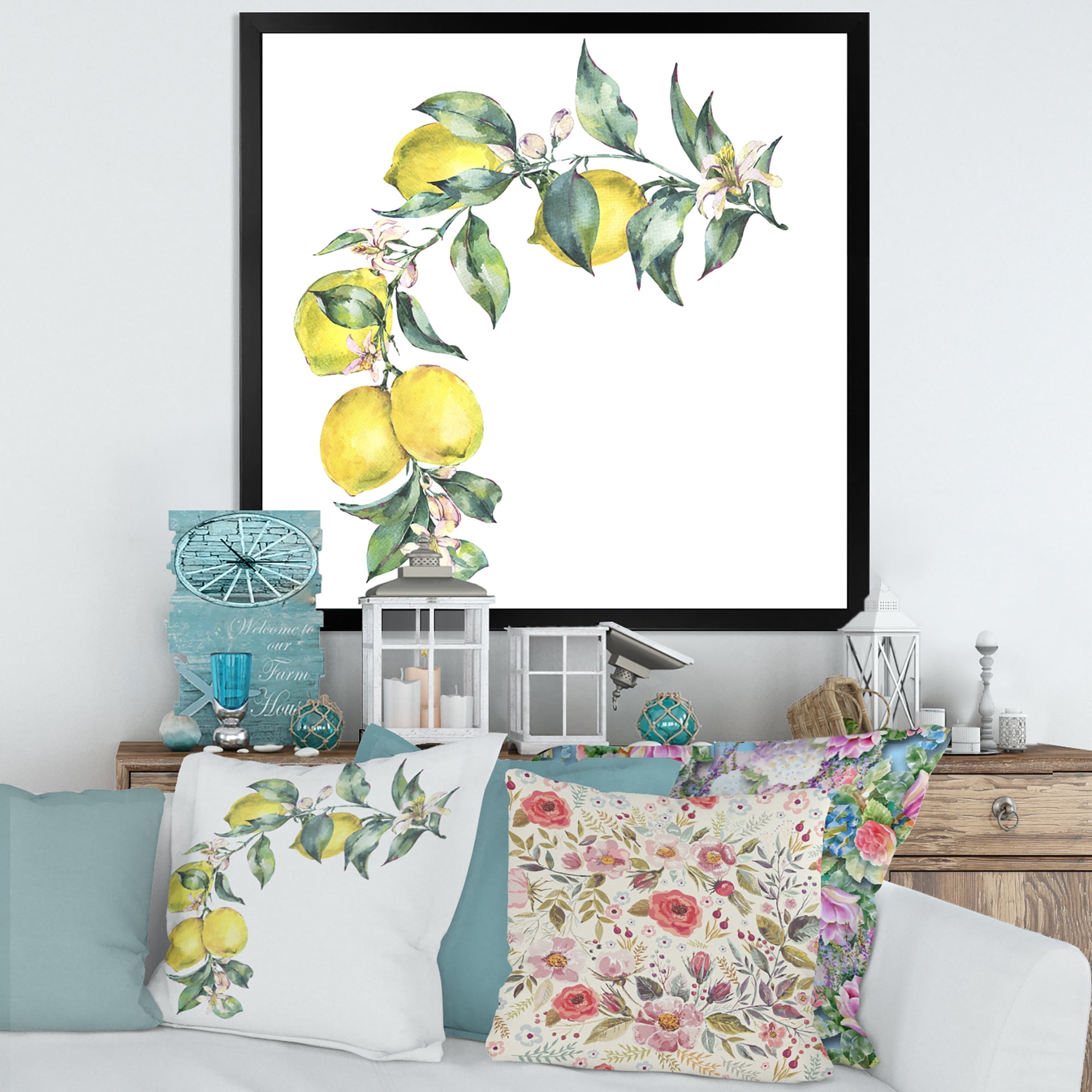 Designart 'Branch of Leaves and Yellow Lemons II' Tropical Framed Art Print