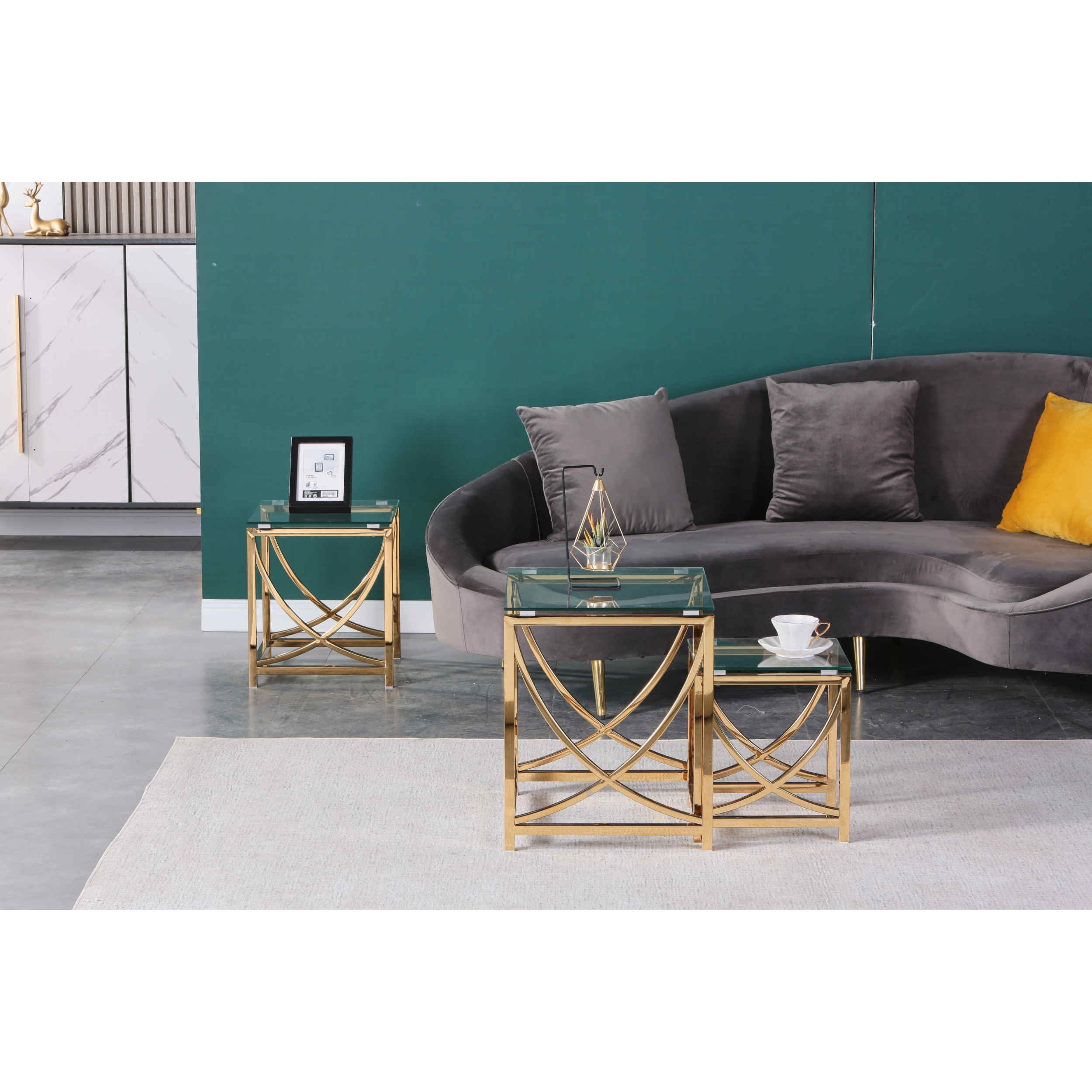3 Pieces Gold Square Nesting Glass End Tables Small Coffee Table Set