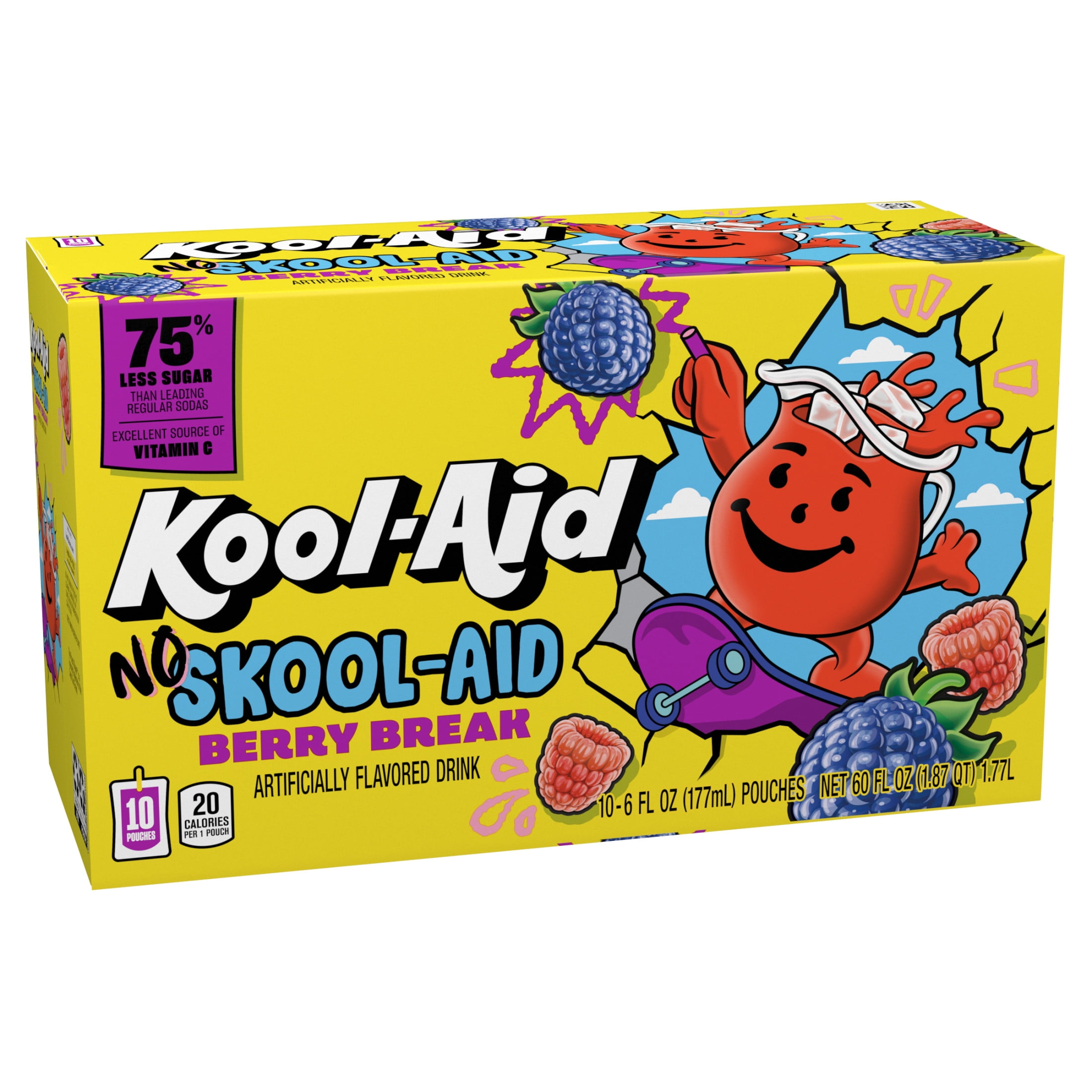Kool-Aid No Skool-Aid Artificially Flavored Drink, 10 Pouches, for School Lunches and On-the-Go Hydration, Berry Break Artificially Flavored, Excellent Source of Vitamin C, 6 fl oz