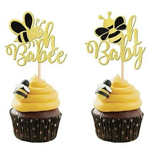 24 PCS Bumble Bee One Cupcake Toppers Black and Gold Glitter Number 1 Bee  Cupcake Picks First Birthday Cake Decorations for Baby Shower Kids 1st