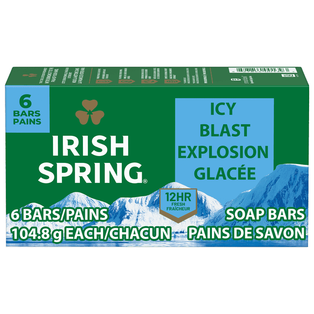 Irish Spring Icy Blast Deodorant Bar Soap for Men, With Flaxseed Oil, 104.8 g Bar (6 Bars)