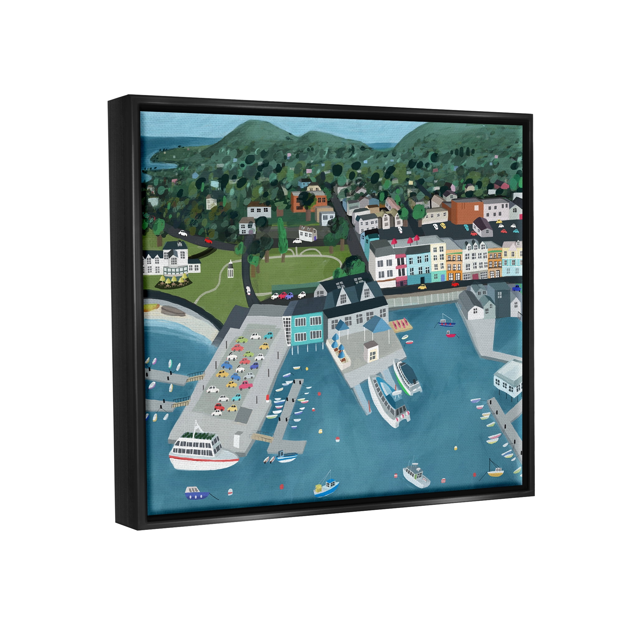 Stupell Industries Bar Harbor Port Town View Landscape Painting Black Floater Framed Art Print Wall Art