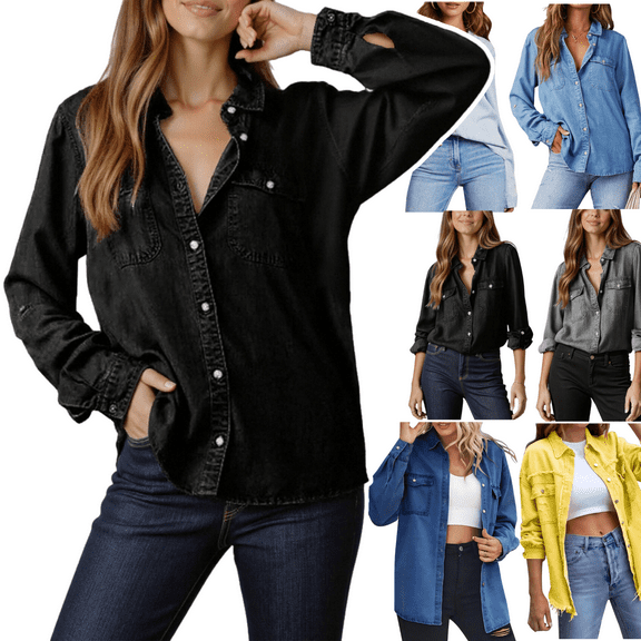 Xdegoge Denim Shirt for Women Trendy Dressy Casual Work Blouses Long Sleeve Button Down Collared Shackets with Pockets Y2k Lightweight Jean Jacket Loose Fit Going Out Tops Streetwear