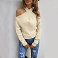 thumbnail image 3 of Gibobby Suéter Suelto con Estampado Casual Suéteres de color sólido para mujer, blusas casuales con hombros descubiertos, cuello en V cruzado, manga larga, suéteres con cuello Halter (Beige, S), 3 of 5