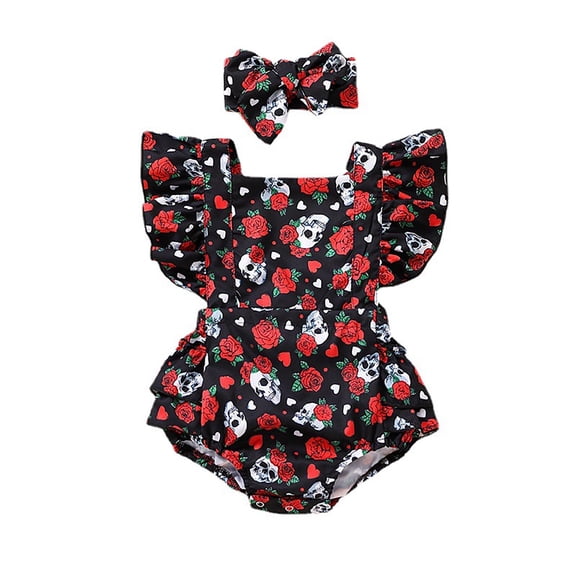 Gunia Toddler Boy Girl Outfit Summer Flutter Sleeve Romper Clothes Set Black 0-6 Months
