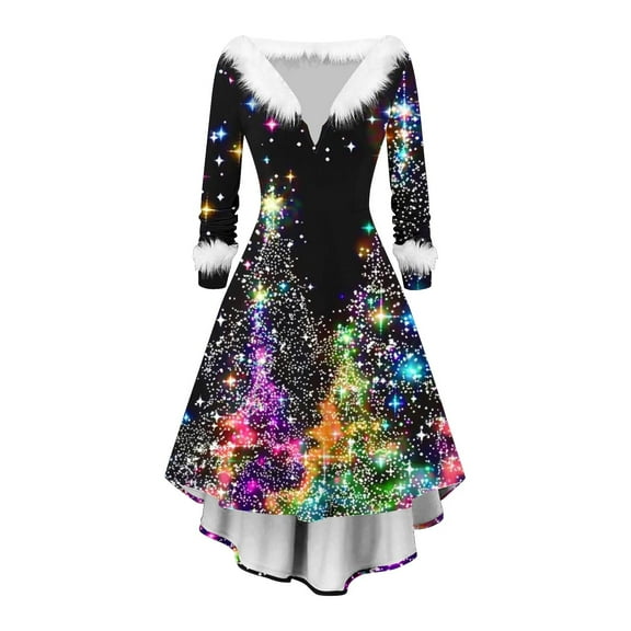 Christmas Dress for Women V Neck Long Sleeve Slim High and Low Hem A Line Dresses Black S