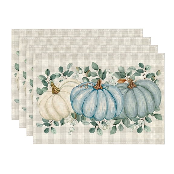 Smile Blue Pumpkins Eucalyptus Leaves Fall Thanksgiving Table Placemat 4 Set 12 x 18
