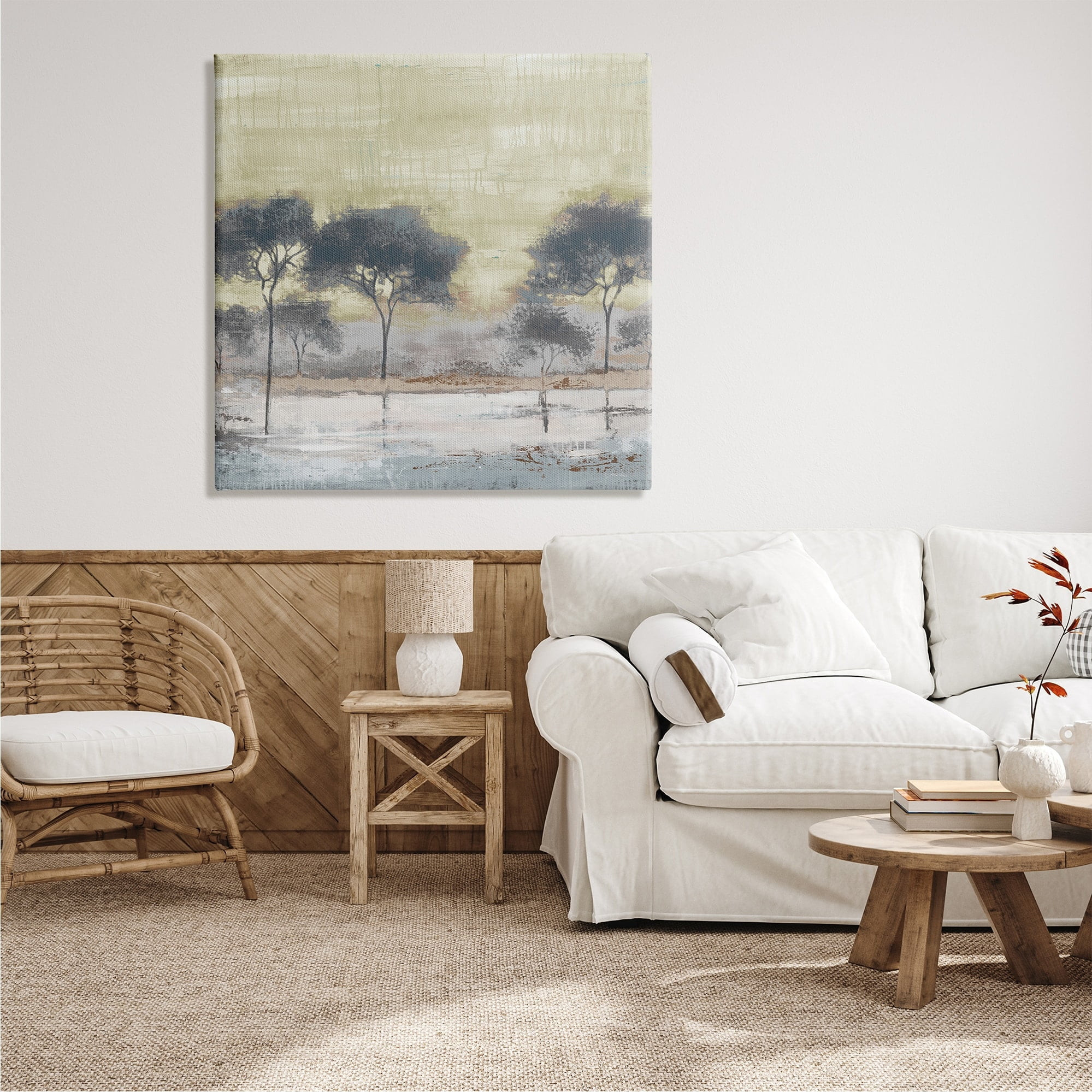 Stupell Indtries Rtic Abstract Tree Forest Blue Lake Neutral Sky,36 x 36,Design by Liz Jardine