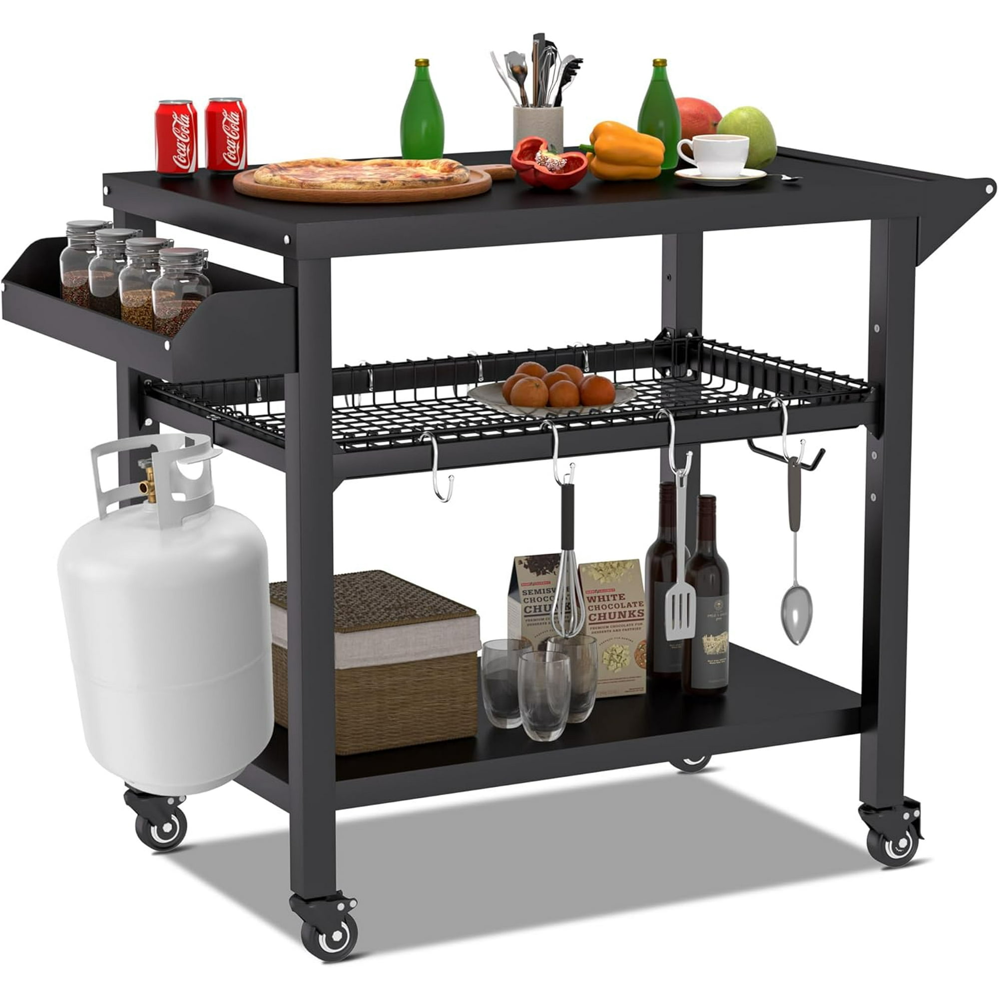 HARIPUL Grill Table, Movable Grill Cart with Wheels, Outdoor Kitchen Food Prep Table, Black