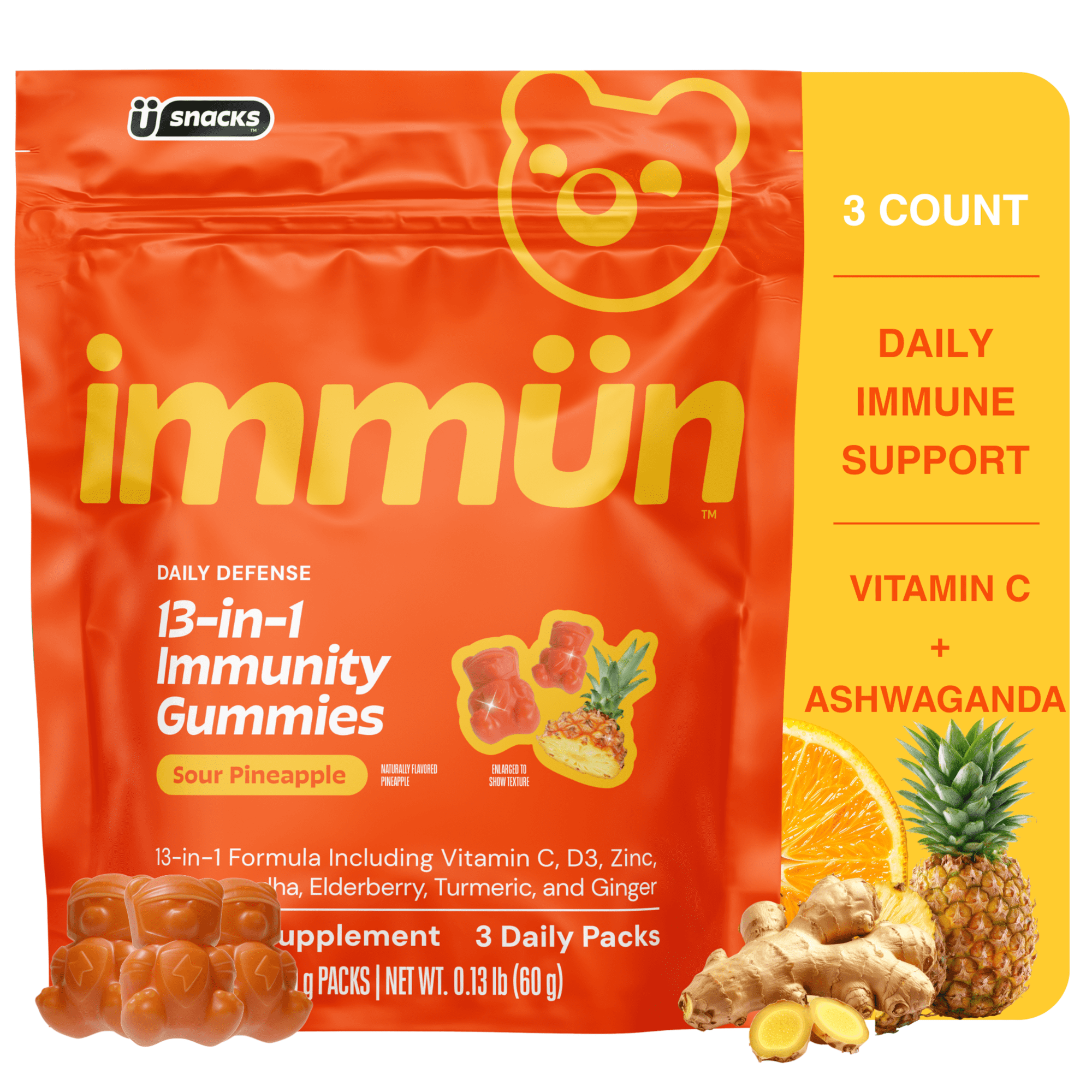 Immun by Gruns Daily Immune Support Gummies with Vitamin C, Zinc, Elderberry, 3 Count