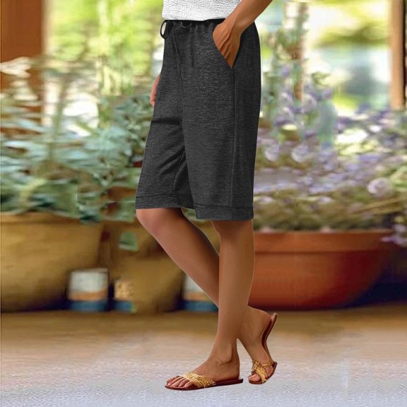 Costeam Womens Heather Jersey Knit Bermuda Lounge Shorts Dual Side Slant Hand Pockets Adjustable Drawstring Elastic High Waist Cuffed Hem Loose Fit Mid Knee Casual Sleep Short Pants