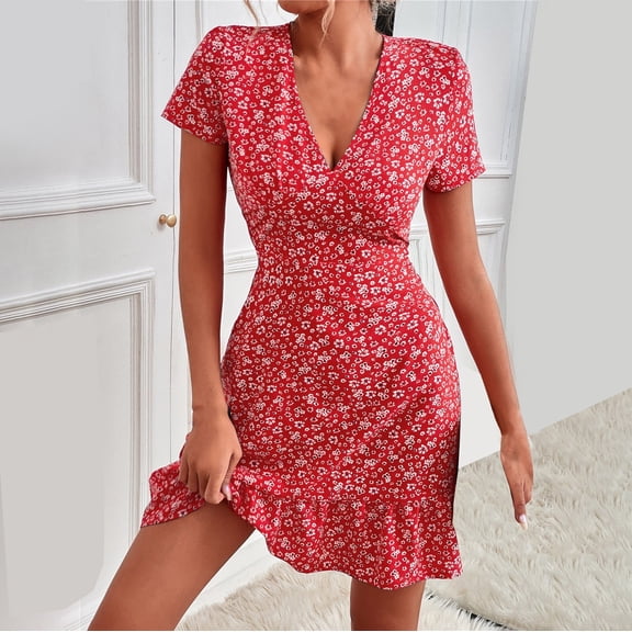 Aayomet Dresses for Women 2023 Women's Summer Dress Floral Print Dress Short Sleeve Beach Dresses for Women Red,M