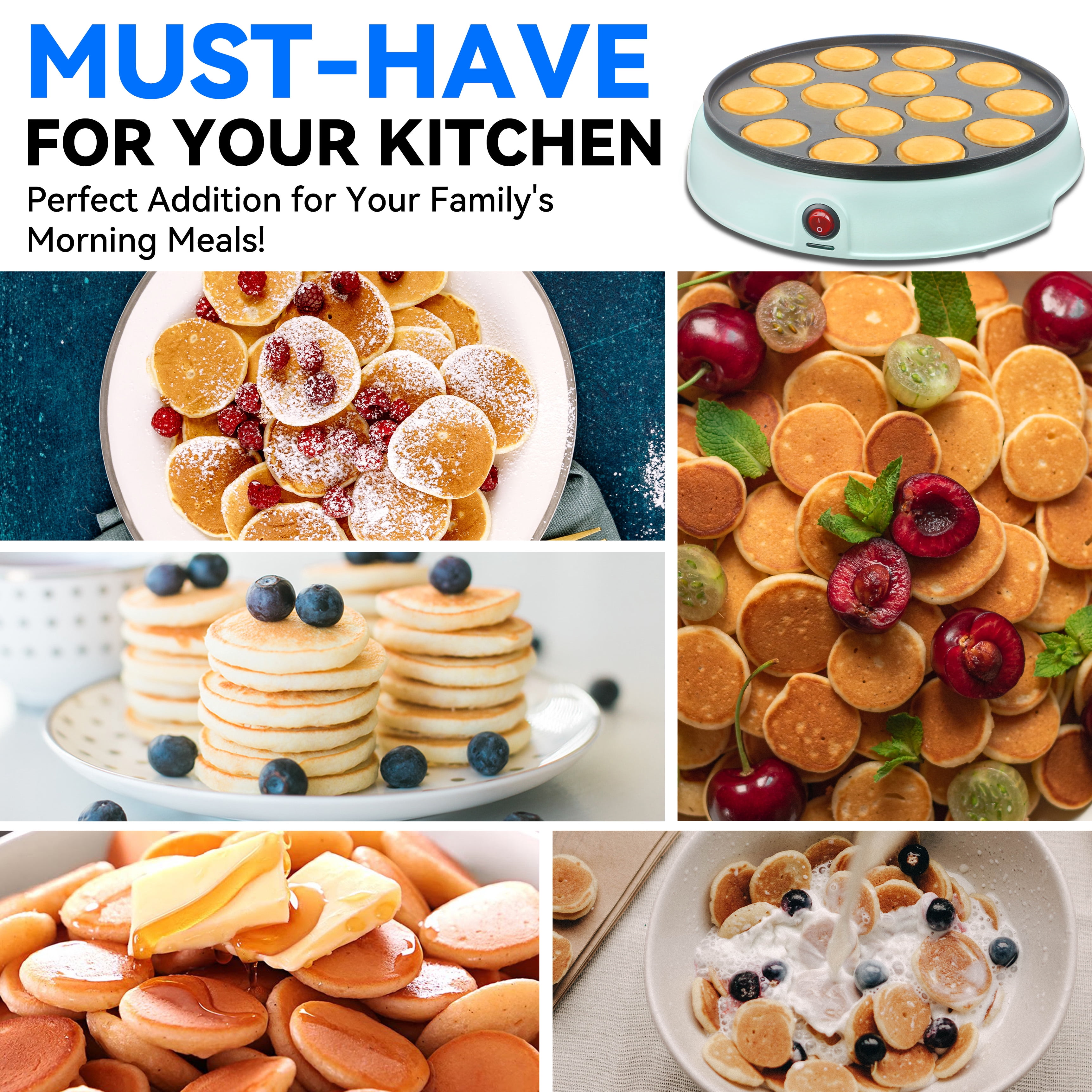 Mailand  Electric Dutch Pancakes Maker, 14 x 1.8" Holes Mini Pancakes Machine, Non Stick Coating, Aqua
