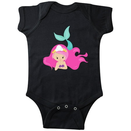 

Inktastic Cute Mermaid Pink Hair Green Tail Gift Baby Girl Bodysuit