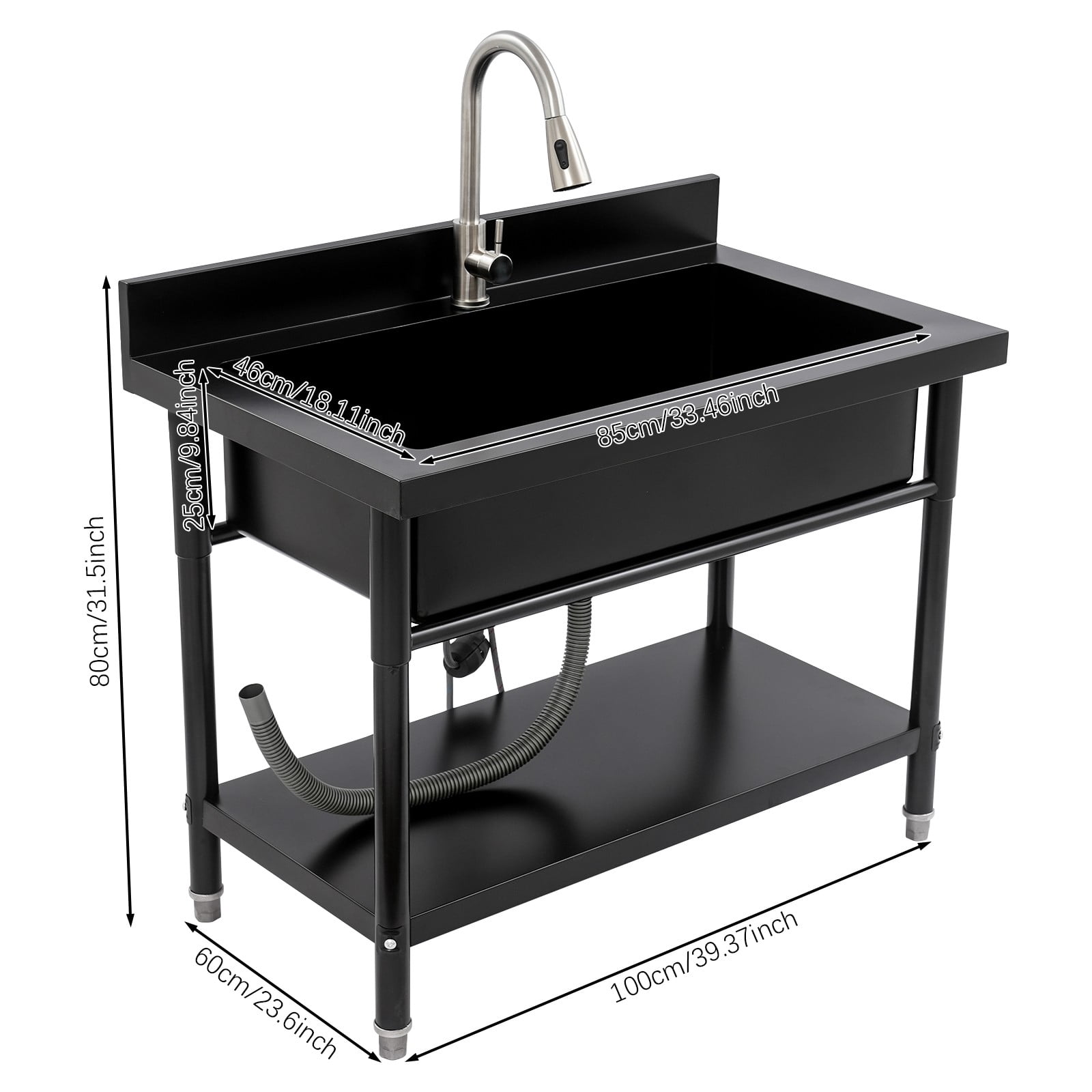 ToppiJoy Stainless Steel Single Bowl Utility Sink, Freestanding Laundry Sink with Pull-Out Faucet for Laundry Room Indoor Outdoor (Black)