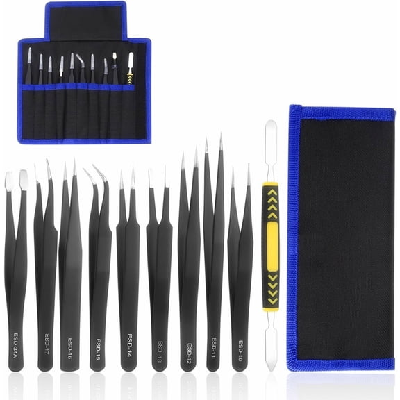 Meilimei 10 Pcs Precision Tweezers Set, Premium Craft Tweezers Kit, Stainless Steel Electronic ESD Tweezers, Anti Static Industrial Soldering Tweezers, with Tweezer Storage Bag