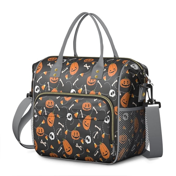 Gray Halloween Pumpkins Skulls and Bones Womens Lunch Box for Work,Insulated Large Lunch Bag for Tween and Teen,Loncheras Para Mujer,Leakproof Adult Lunch Bag for Work,Beach,Travel,Picnic,Camping