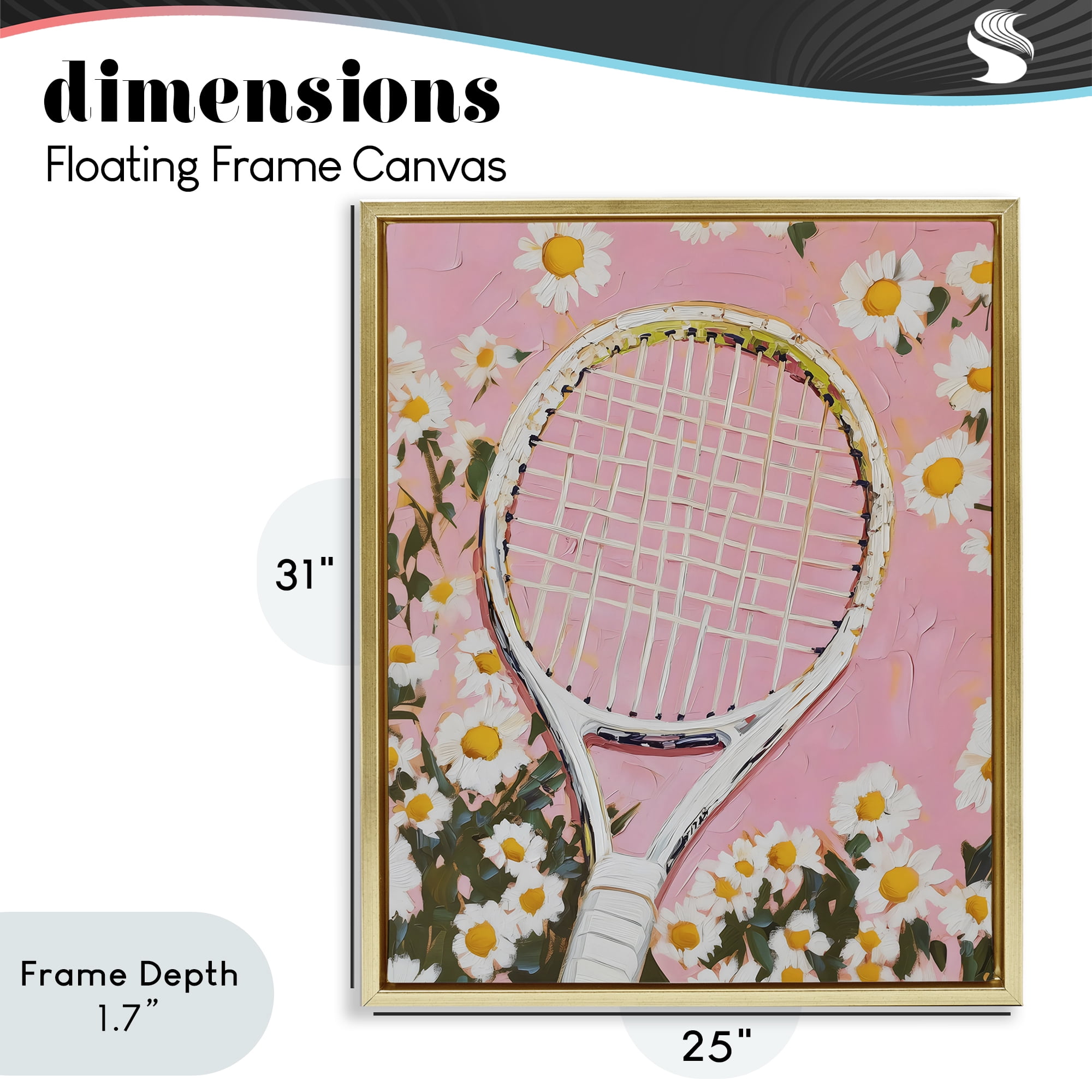 Stupell Industries Pink Tennis Racket & Daisies Gold Framed Floater Canvas Wall Art, design by LSR Design Studio