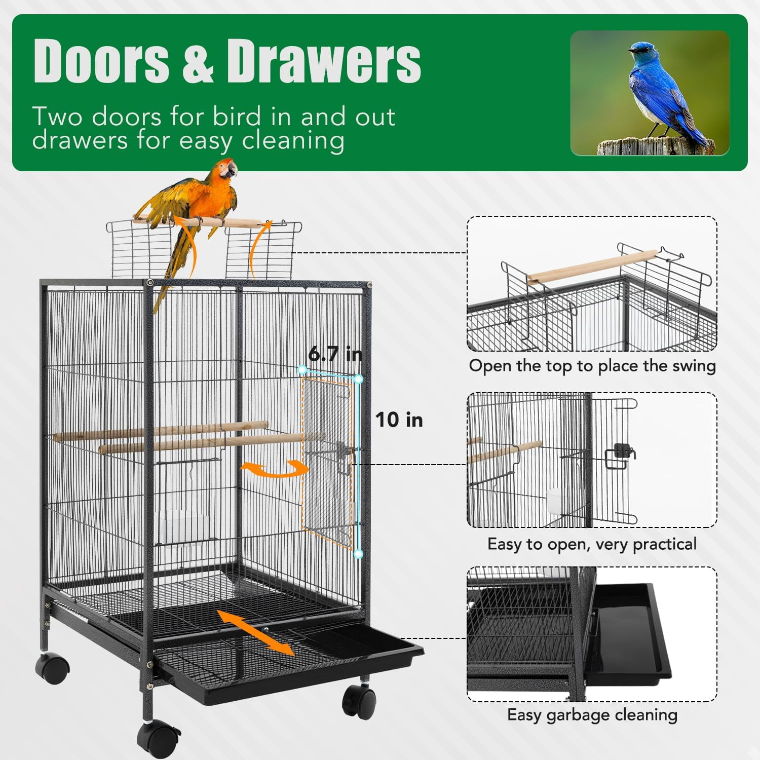 CL.HPAHKL 35 inch Bird Cage with Rolling Stand, Metal Birdcage Parakeet Cage for Parakeets Cockatiel Canary Finch Lovebird Parrotlet Pigeons, Black