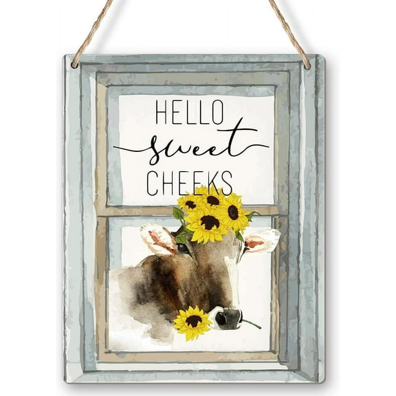 Hello Sweet Cheeks Wood Sign Bathroom Door Wall Art, Rustic Cow Bathroom Print Wooden Plaque Hanging Sign for Farmhouse Restroom Toilet Door Wall Decoration 8x10 Inch