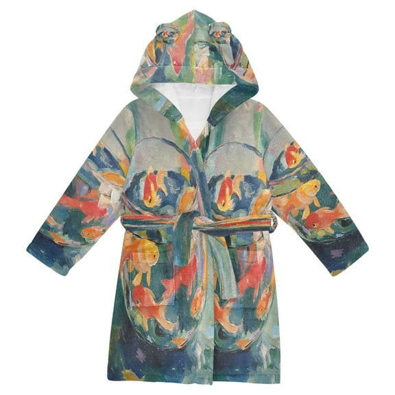 FORMRS Niños Bathrobe Unisex Hooded Robe Soft Plush Pajamas Sleepwear, Size 2-3T, Green Goldfish