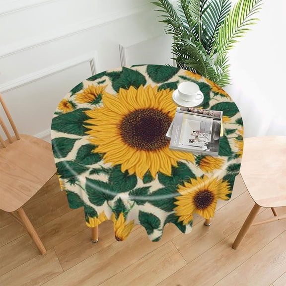 RKSupls 60 Inch Round Tablecloth, Sunflowers Leaves Pattern Premium Polyester Straight Edge Wrinkle Resistant Washable Table Cover for Party Home Dining Decor