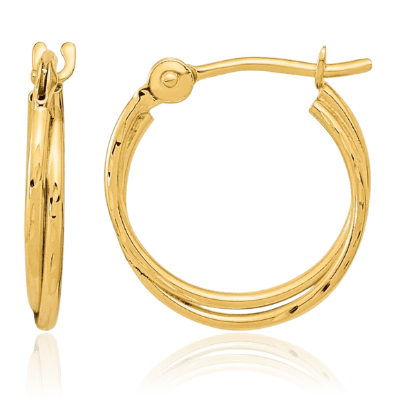 14K Solid Yellow Gold Double Round Huggie Small Hoop Earrings
