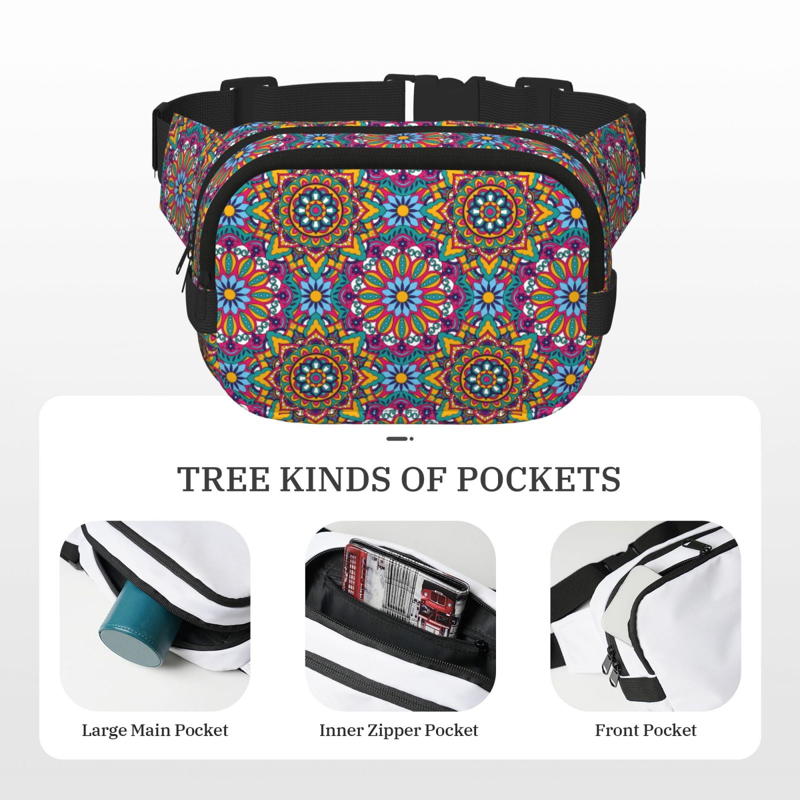 Picia Mandala Print Square Double-Layer Waist Bag Mini Adjustable Waist Belt Bag Exercise Running Travel Hiking