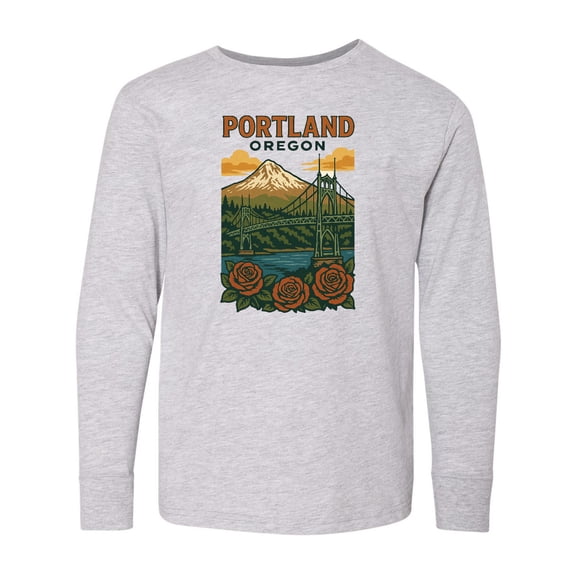 Inktastic Portland Oregon Scenic Bridge and Mountain Artwork Long Sleeve Youth T-Shirt