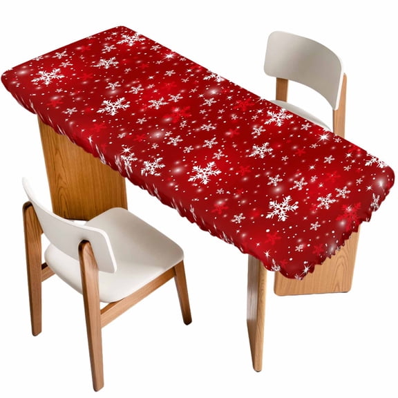 Red Snowflake Christmas Table Cloths for 8 Foot Rectangle Tables, Xmas Snowflake Modern Art Winter Patio Waterproof Elastic Fitted Tablecloths, Washable Rectangular Table Cover for Camping