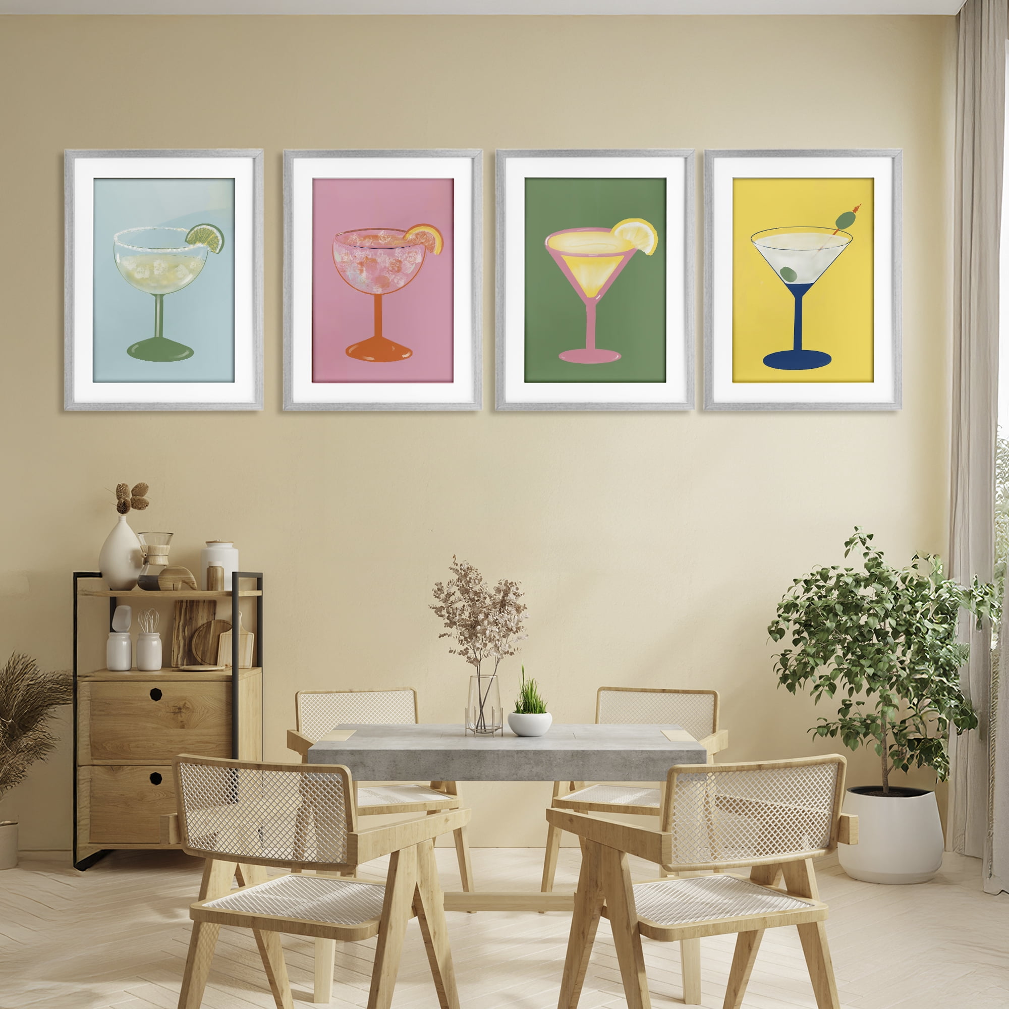Stupell Industries Stylish & Fun Cocktails 4 Piece Gray Framed Print Under Glass Set, design by Robin Maria