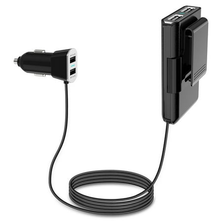 Uber/Lyft Passenger Phone Charger, Universal 4-Port USB Car Charger (2.4A) with 6' Extension Pack and Clip for Rear