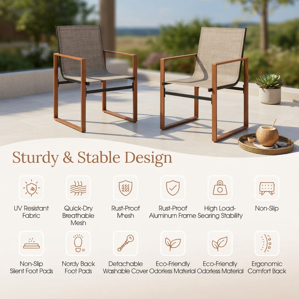 Hommoo 2-Pack Outdoor Patio Dining Chairs, Breathable Fabric Seat & Back, Rust-Resistant Wood-Grain Armrests, Heavy-Duty Metal Frame, Brown