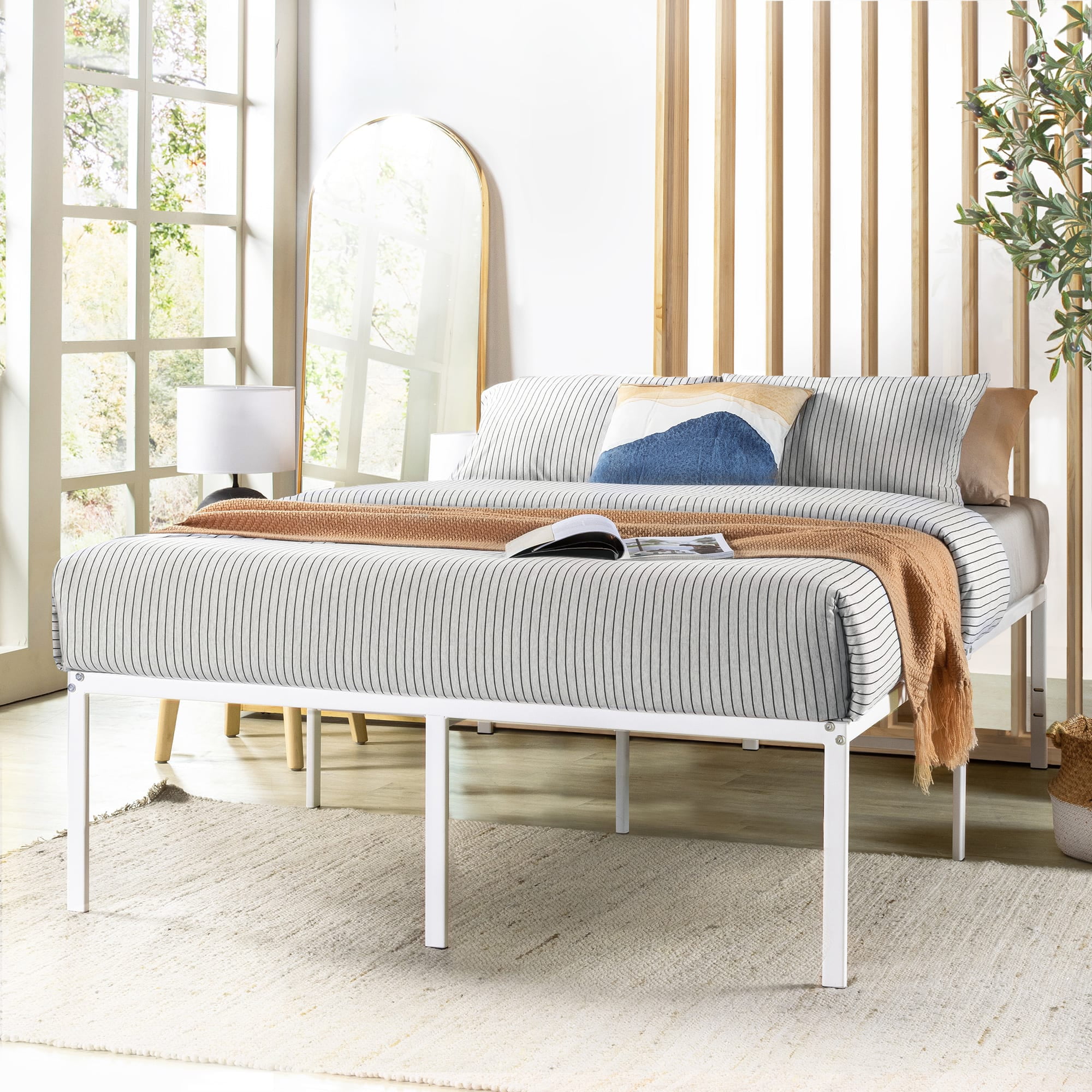Mellow 18" Metal Platform Bed Frame with Heavy Duty Steel Slats, White, King