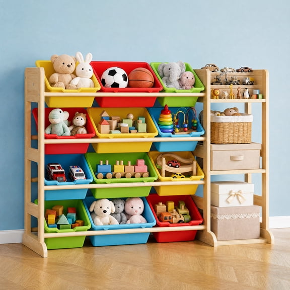 Solid Wood Kids Toy Storage Organizer Cabinet – 12 Bins & 3 Open Shelves – 42" Wide Bookshelf Rack for Playroom, Bedroom, Nursery – Colorful Design