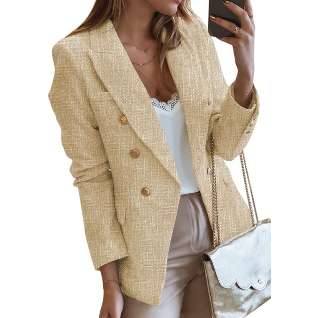 Womens Double Breasted Tweed Blazers Casual Long Sleeve Open Front Blazer Jackets Work Suits