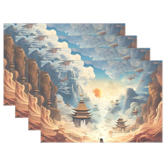 Mountains Person Clouds Temples 12×18 inch Placemats Heat Resistant Washable Foldable Rectangular Placemats Set Decoration Indoor Outdoor for Kitchen Dining Table 1PC