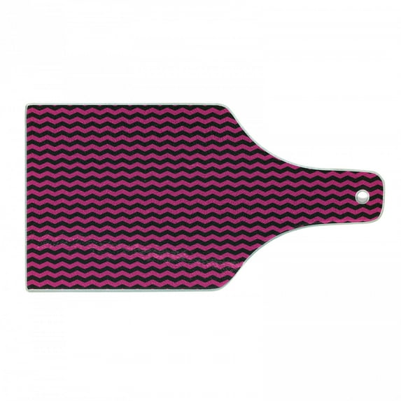 Teen Room Cutting Board, Zigzag Chevron Pattern with Curved Stripes Minimalist Abstract Design, Decorative Tempered Glass Cutting and Serving Board, Wine Bottle Shape, Magenta and Black, by Ambesonne