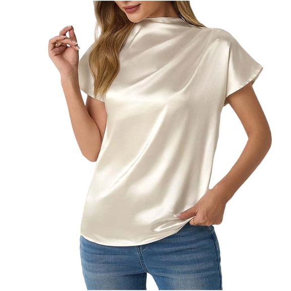 hotojiny Work Tops for Women Dressy Casual Short Sleeve Ruched Summer Shirts Comfortable Office Business Silk Satin Blouse