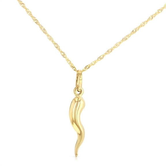 Ioka-14K Yellow Gold Cornicello Italian Horn Fortune Charm Pendant with 1.2mm Singapore Chain Necklace - 22"