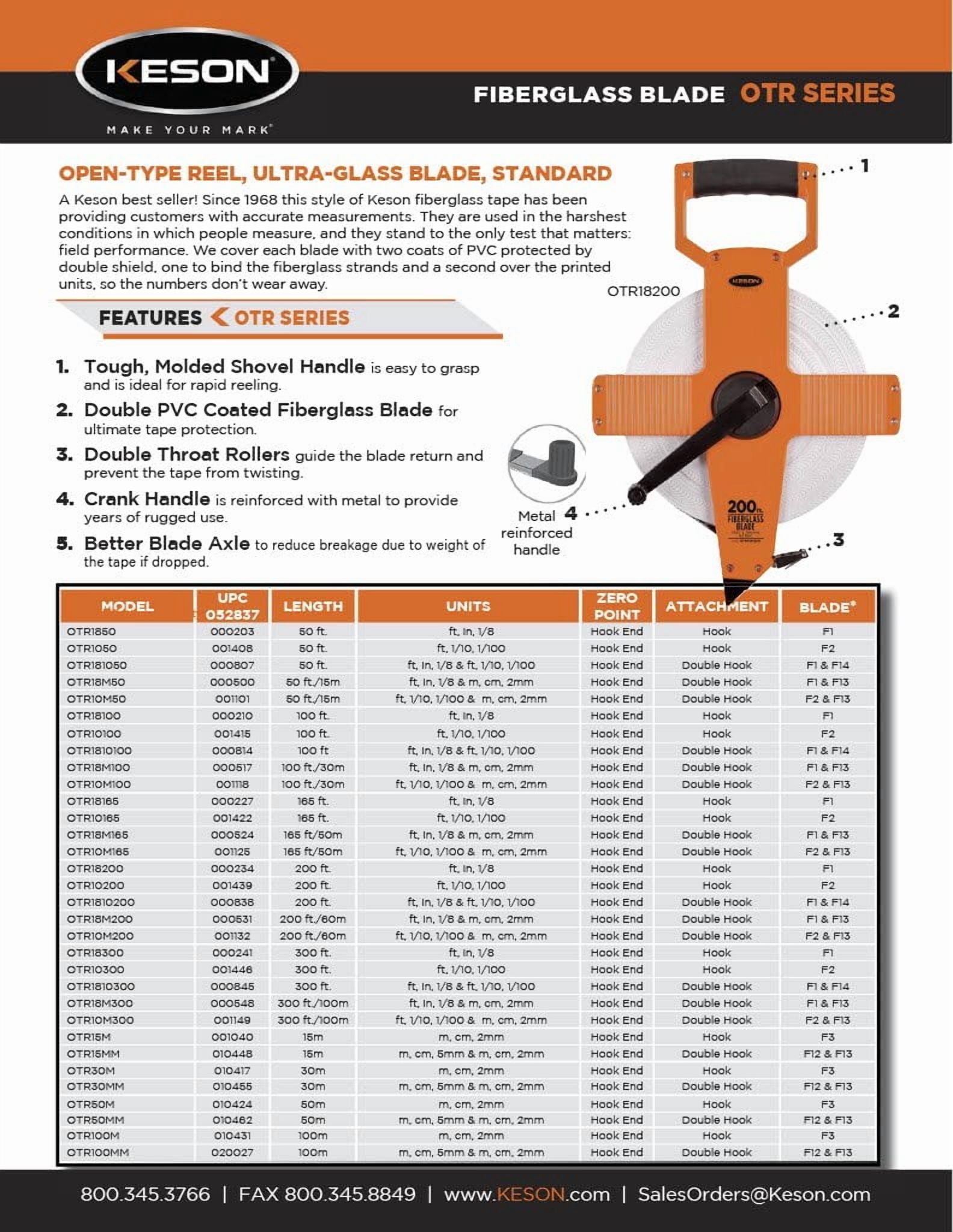 Keson OTR1810300 Open Reel Fiberglass Tape Measure Reel with Double Hook (Graduation: ft., in, 1/8 & ft., 1/10, 1/100), 300-Foot CA2