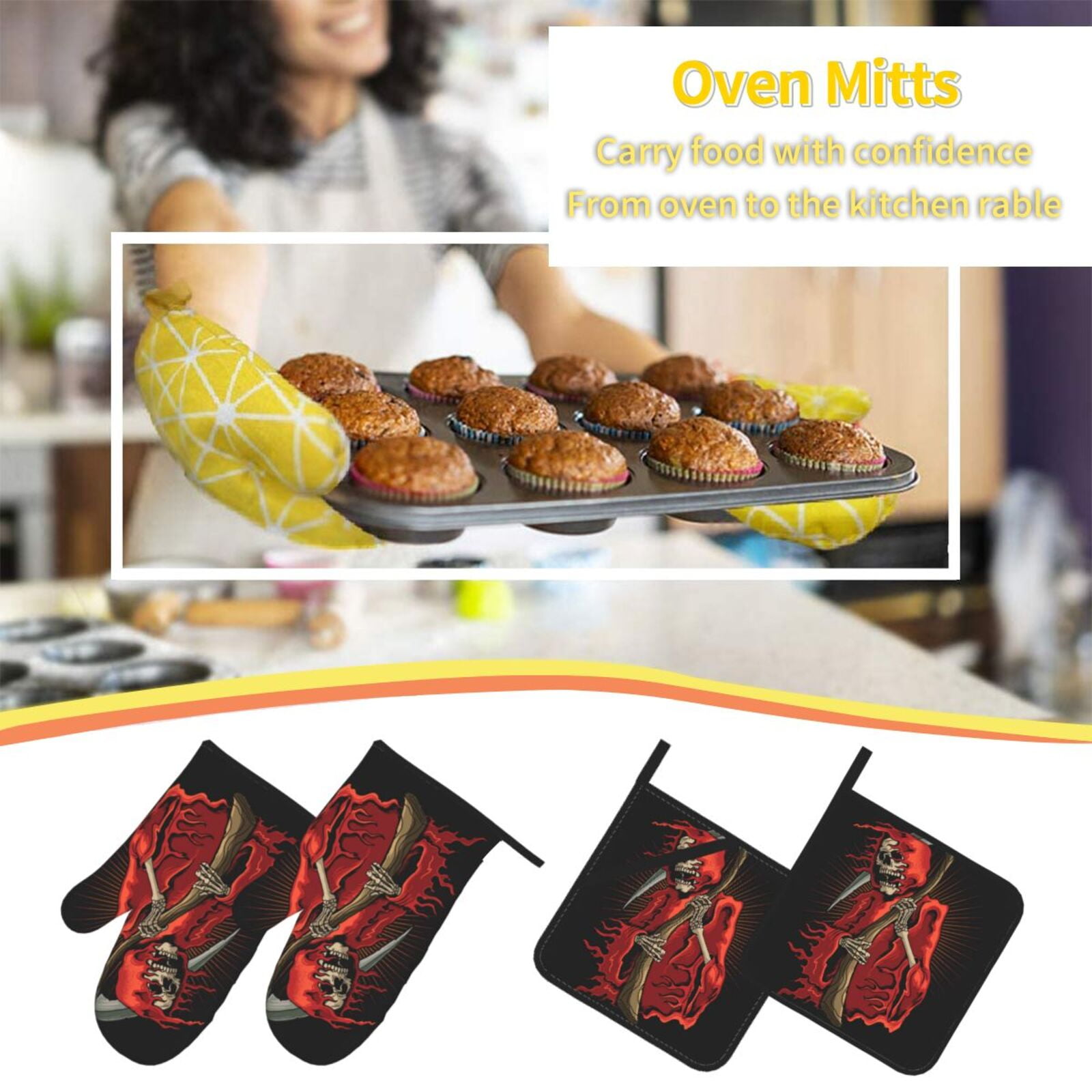Grim Reaper With Scyth 4Pcs Oven Mitts and Pot Holders Sets Oven Kitchen Gloves Hot Pads for Cooking BBQ Baking Grilling