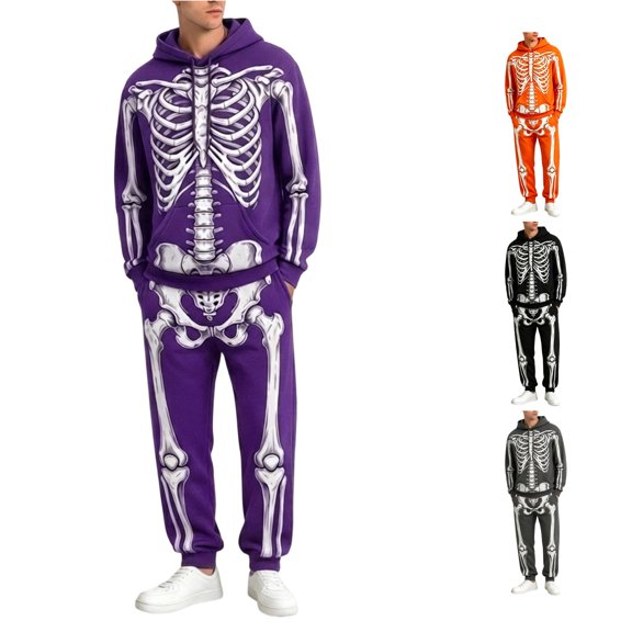 Norvella Mens Halloween Outfit Sets 2 Piece Skeleton Print Long Sleeve Hooded Pullover Sweatshirts Drawstring Jogger Pants