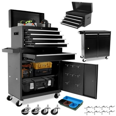 2 in 1 Tool Chest with 5 Drawers, Tool Cart with 7 Organizer Tray Divider Set & Wheels, Large Rolling Tool Box Organizer for Garage, Workshop, Home Crafts