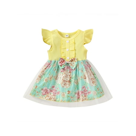 

Inevnen Baby Girl Flying Sleeve Two-Layer Hem Dress Round Neck Floral Pattern Patchwork Summer A-Line Dress